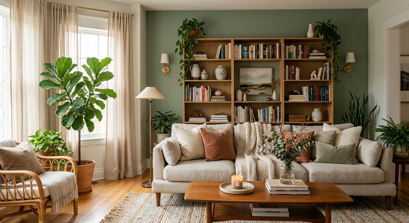 Elegant living room interior with sage green accent wall