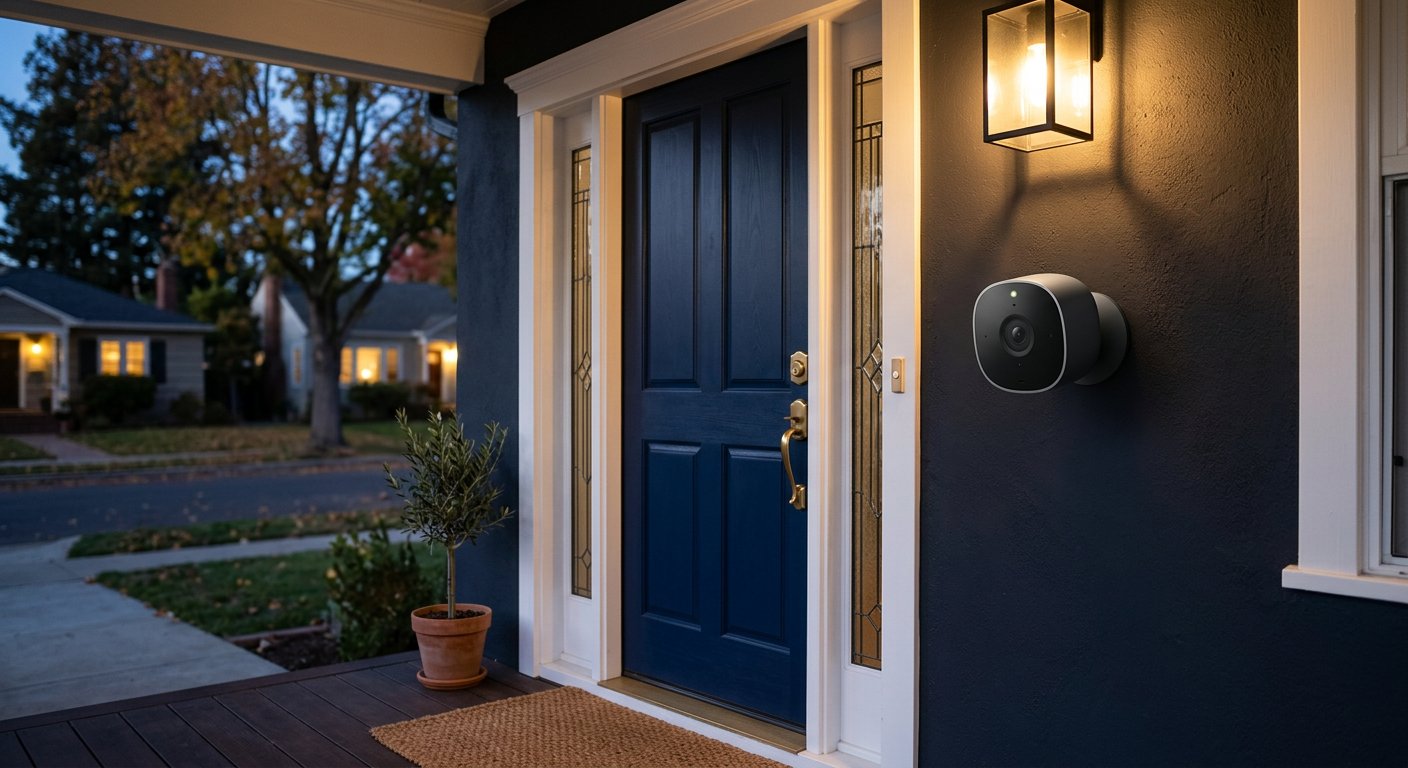 Smart security camera beside a modern front door