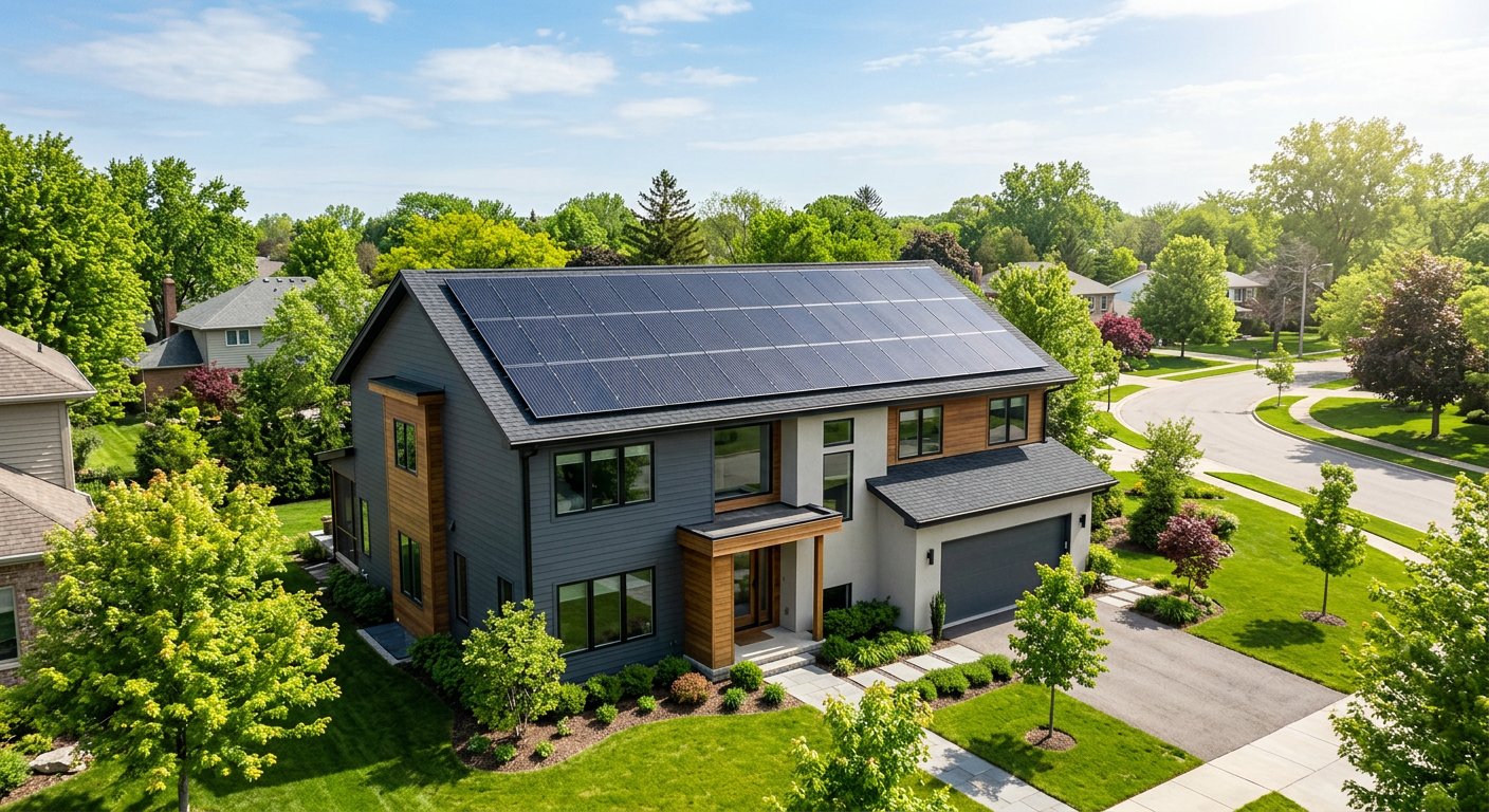 Modern home with sleek solar panels on the roof